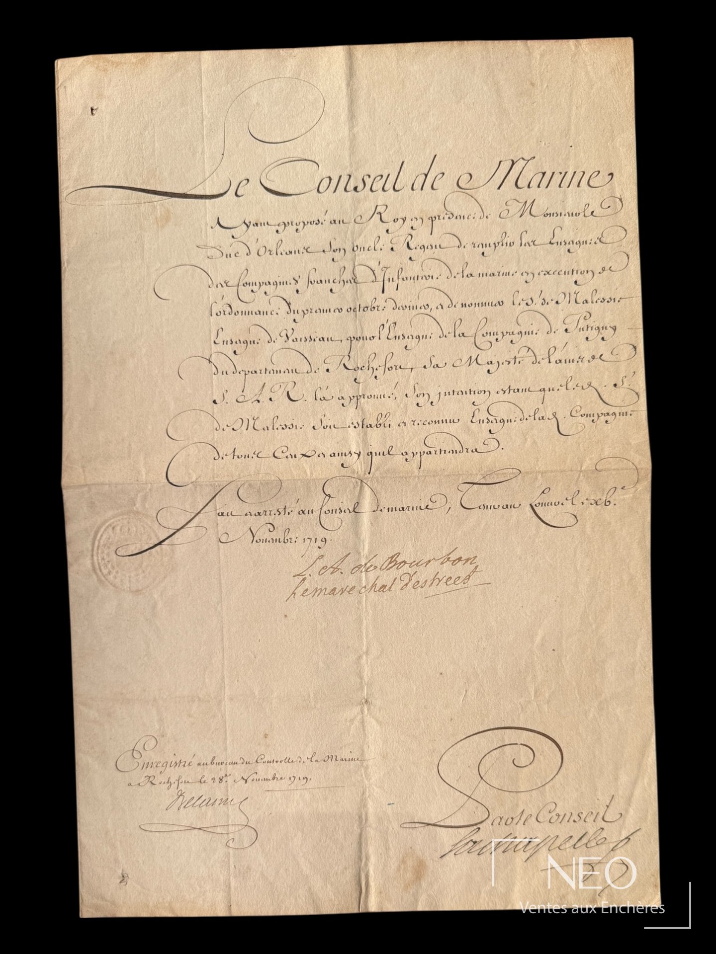 Pièce signée de Bourbon et d’Estrées, 28 novembre 1719