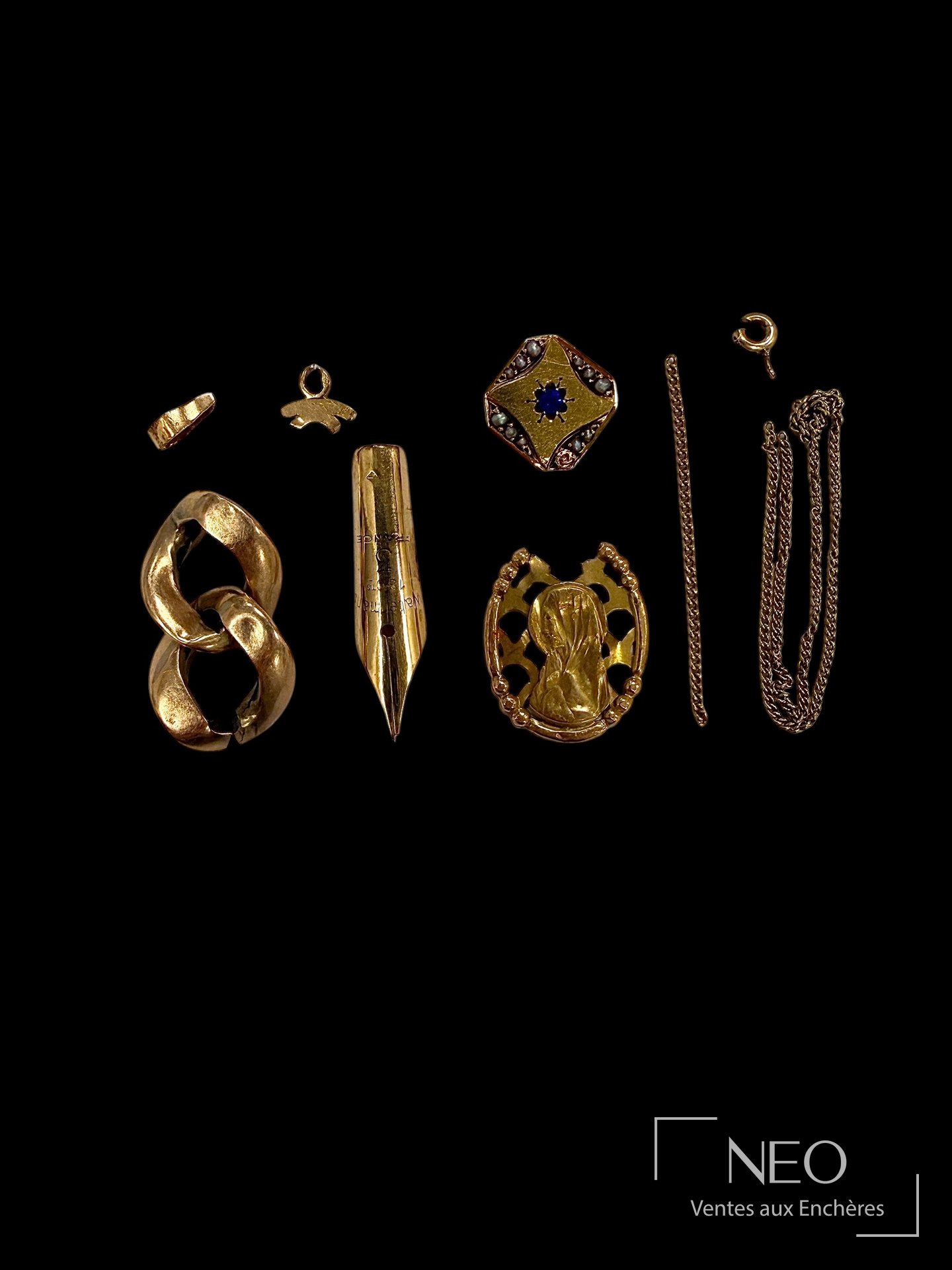 Débris en or jaune 18K, pointe de stylo plume, pendentifs et chaînes