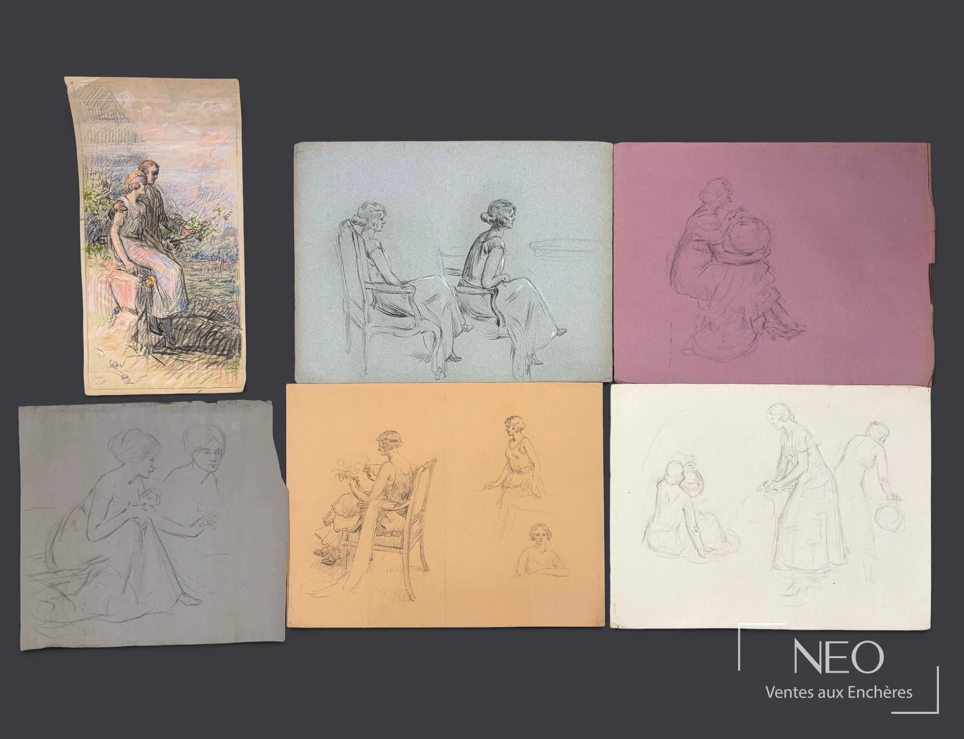 Attribués à Delphin Enjolras, ensemble de dessins et pastel