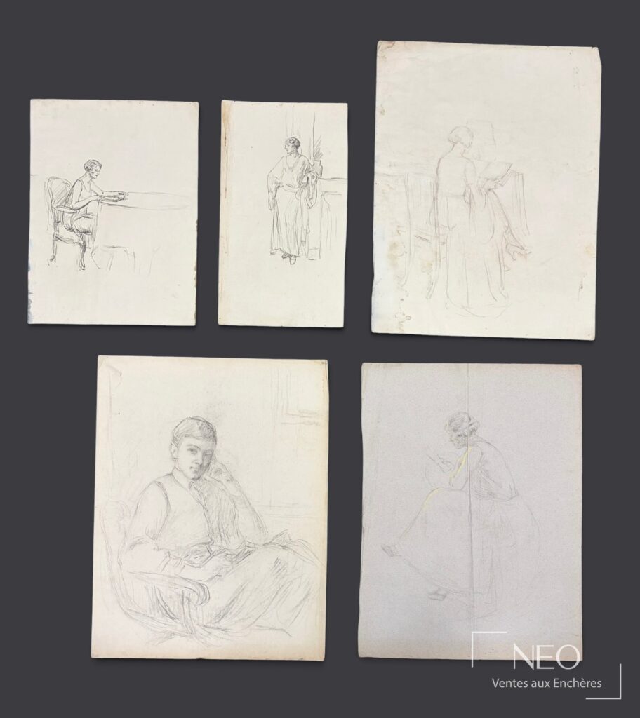 Cinq études au crayon et à la pierre noire