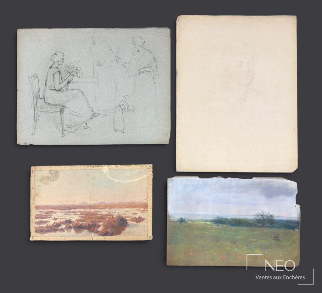 Ensemble de quatre œuvres sur fond sombre