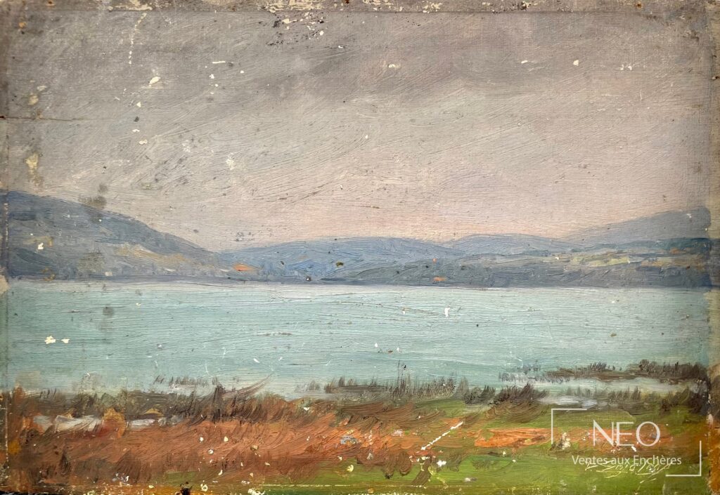 Paysage lacustre peint à l'huile sur panneau de bois
