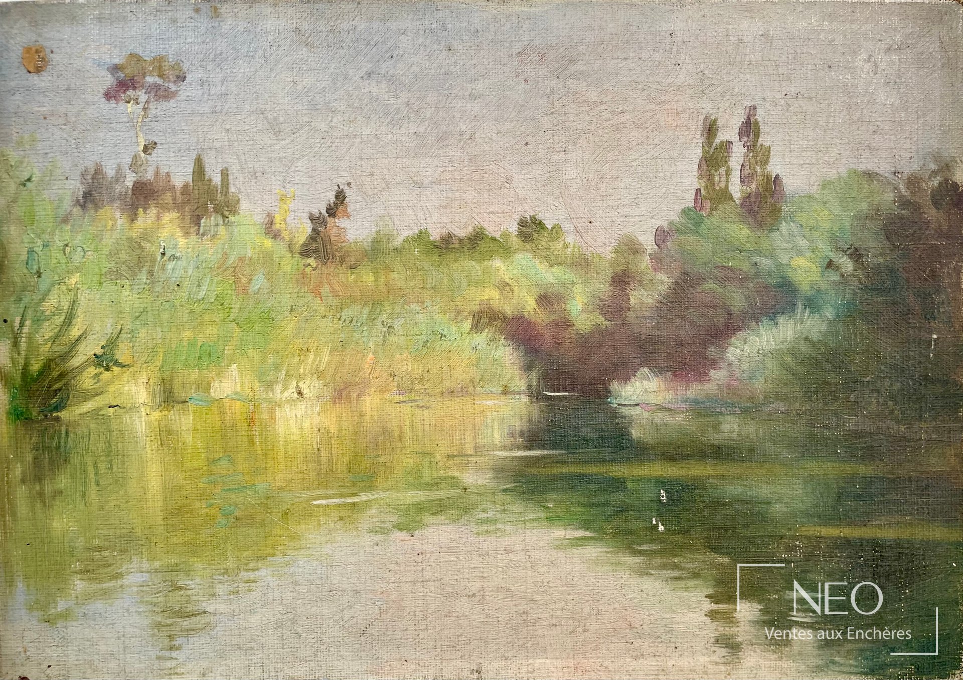 Delphin Enjolras attribué à Bord de lac huile sur toile marouflée sur carton