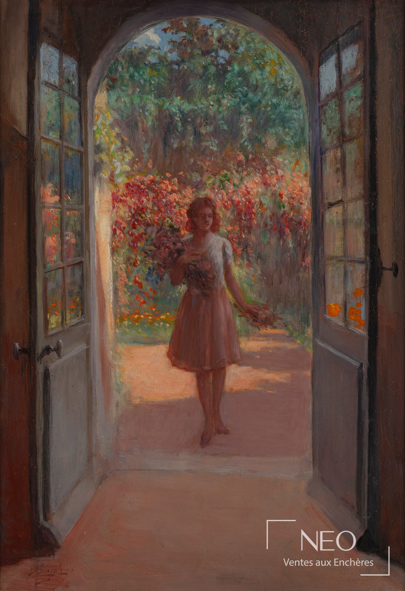 Delphin Enjolras, Femme revenant d&rsquo;un jardin fleuri, huile sur panneau