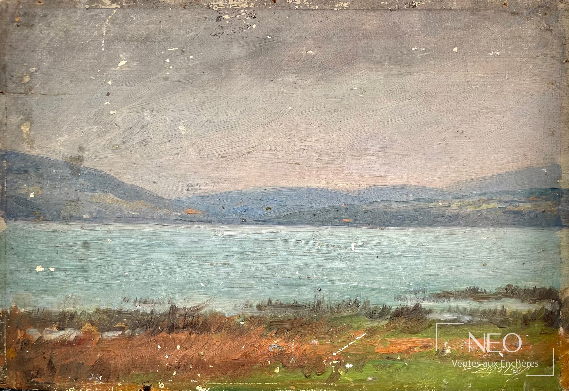 Paysage lacustre peint à l'huile sur panneau