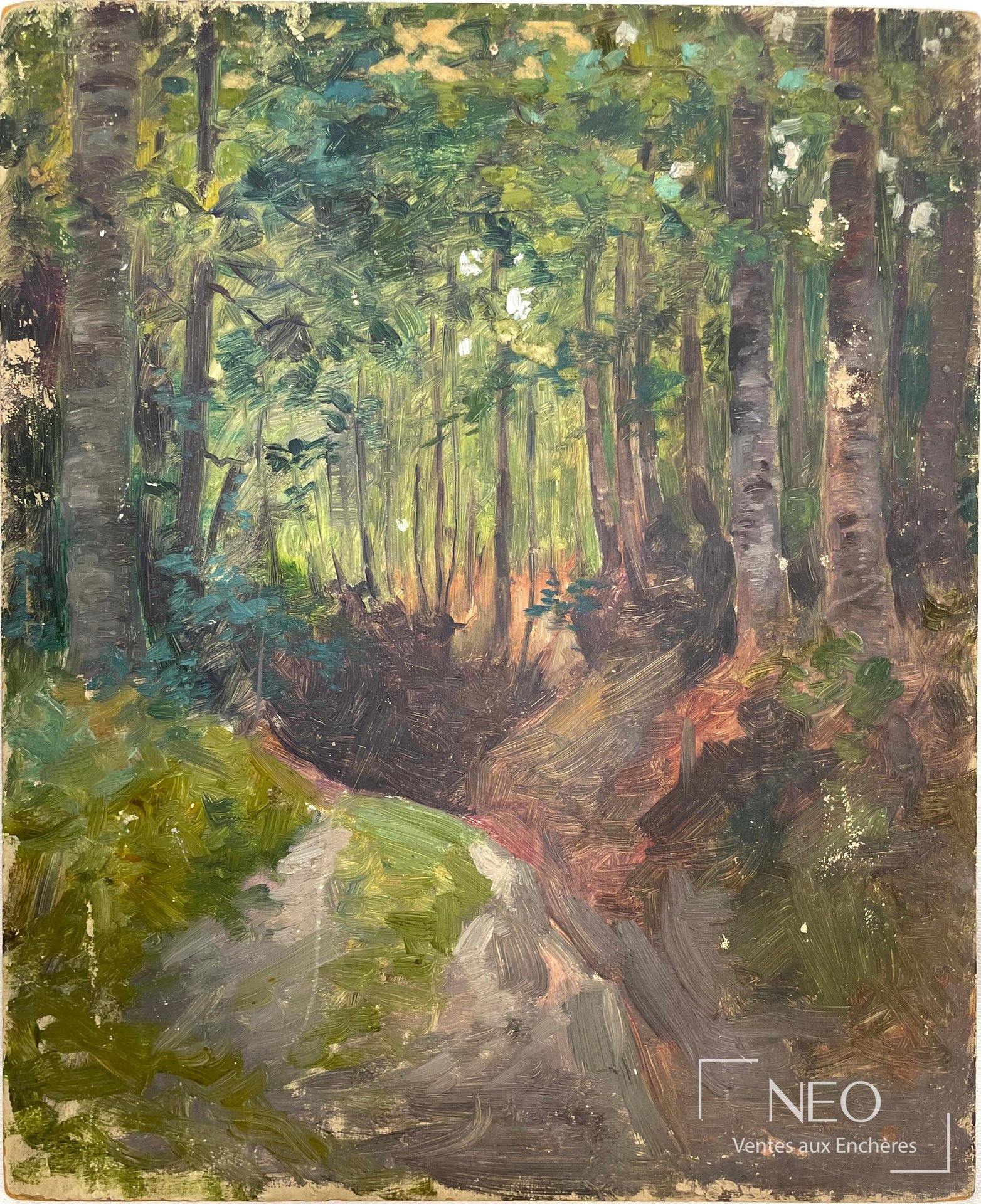 Delphin Enjolras, Attribué à La forêt, huile sur carton