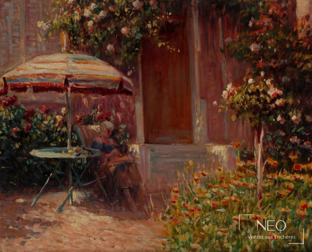 Huile sur toile représentant un jardin fleuri avec une femme assise sous un parasol
