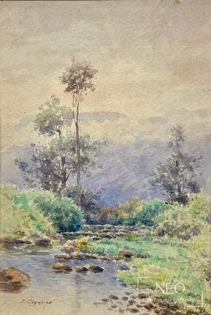 Aquarelle d'un paysage de rivière en montagne signée en bas à gauche