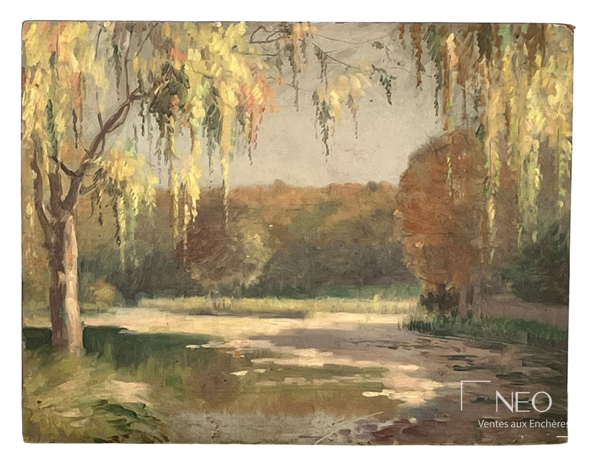 Delphin Enjolras attribué à Vue de lac, huile sur carton