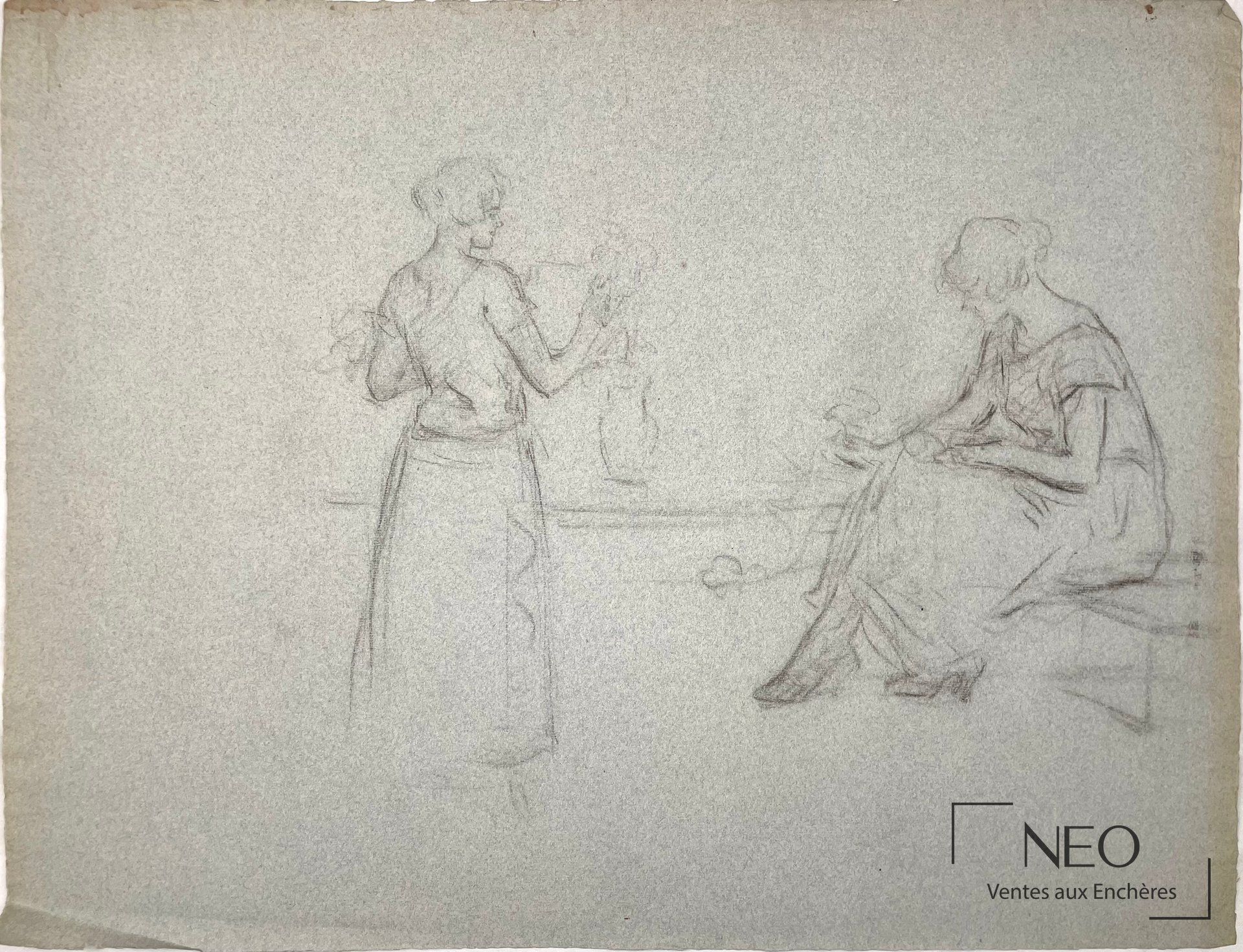 Delphin Enjolras, Étude de femmes au bouquet, dessin sur papier teinté