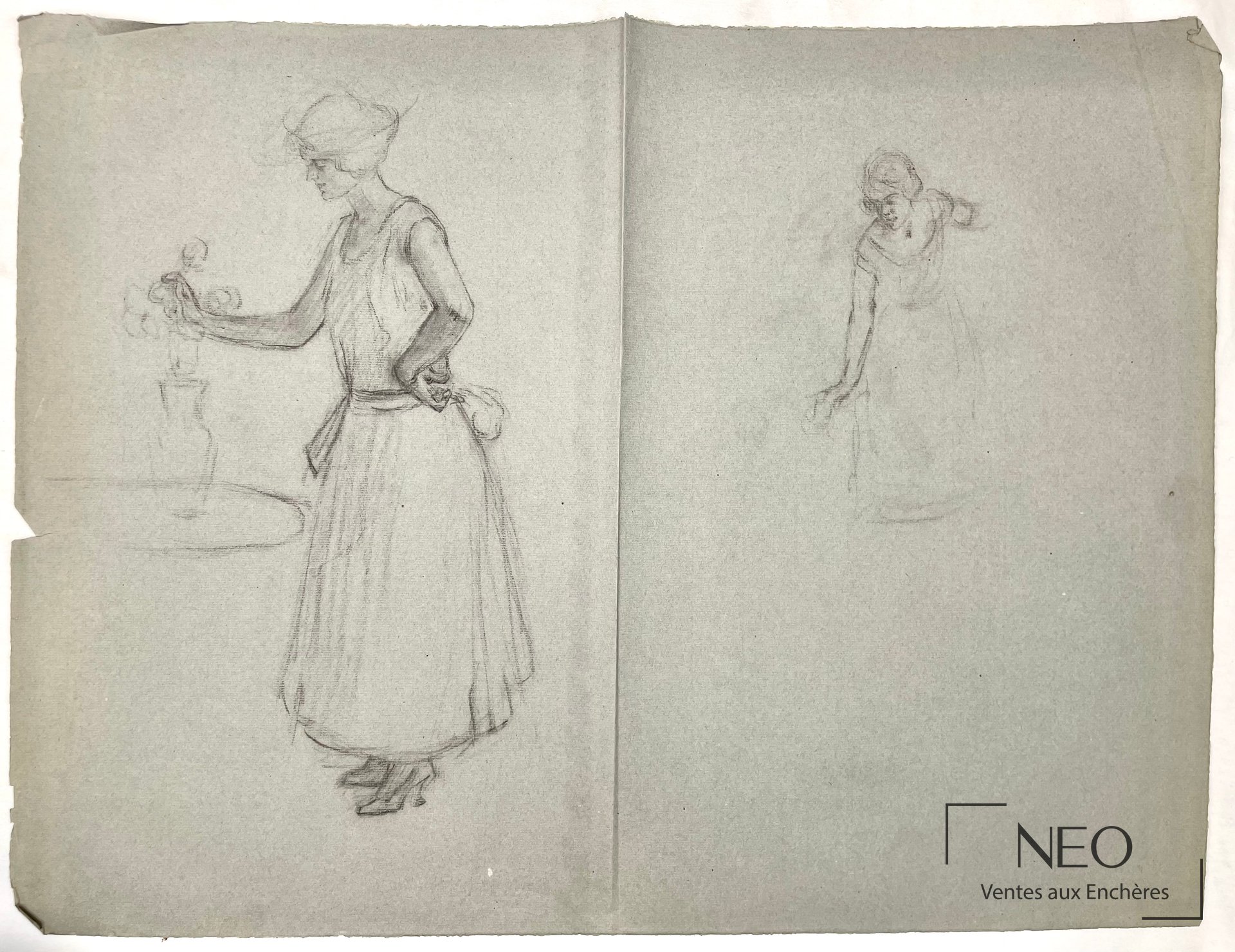 Delphin Enjolras attribué à Étude de femmes au vase fleuri, dessin