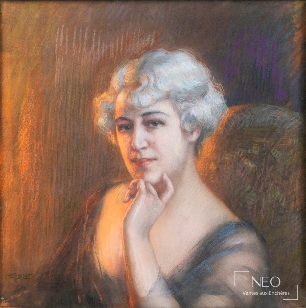 Portrait de femme au pastel dans des tonalités chaudes et sombres