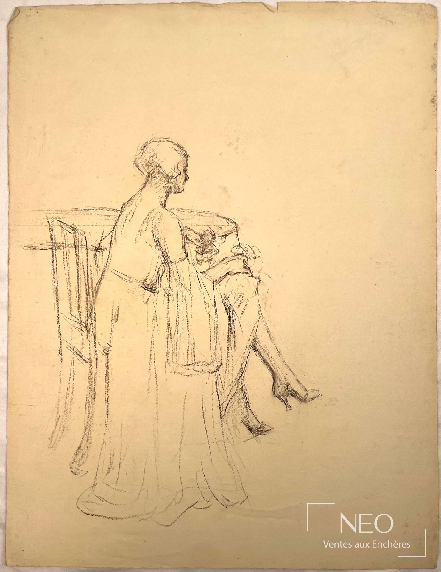 Delphin Enjolras attribué à Femme assise, pierre noire sur papier