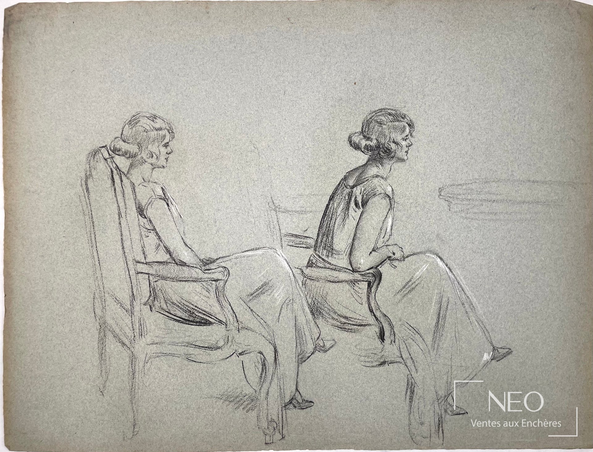 Delphin ENJOLRAS, attribué à, Étude de femmes assises, dessin au crayon