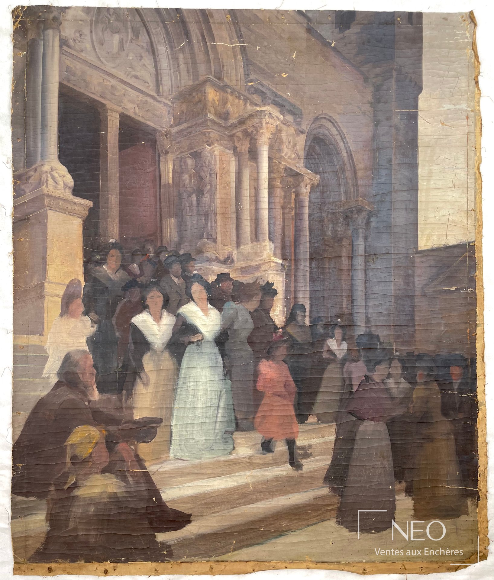 Delphin Enjolras attribué à Foule devant l’église, huile sur toile