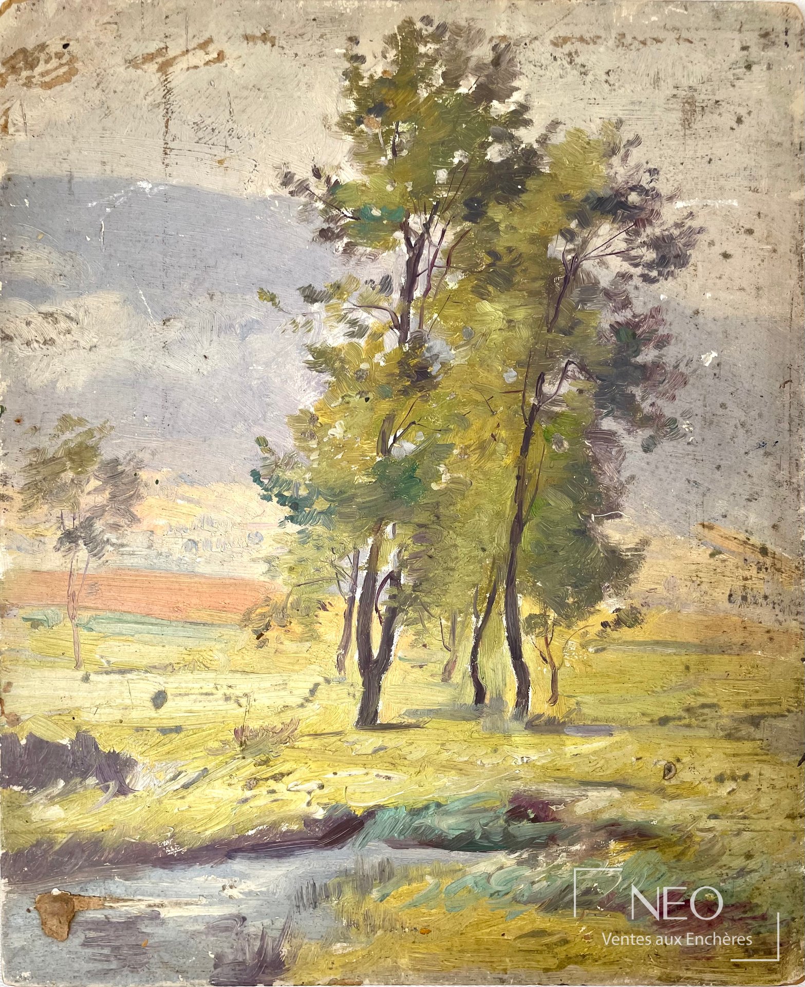 Paysage peint à l'huile sur carton représentant deux arbres au premier plan