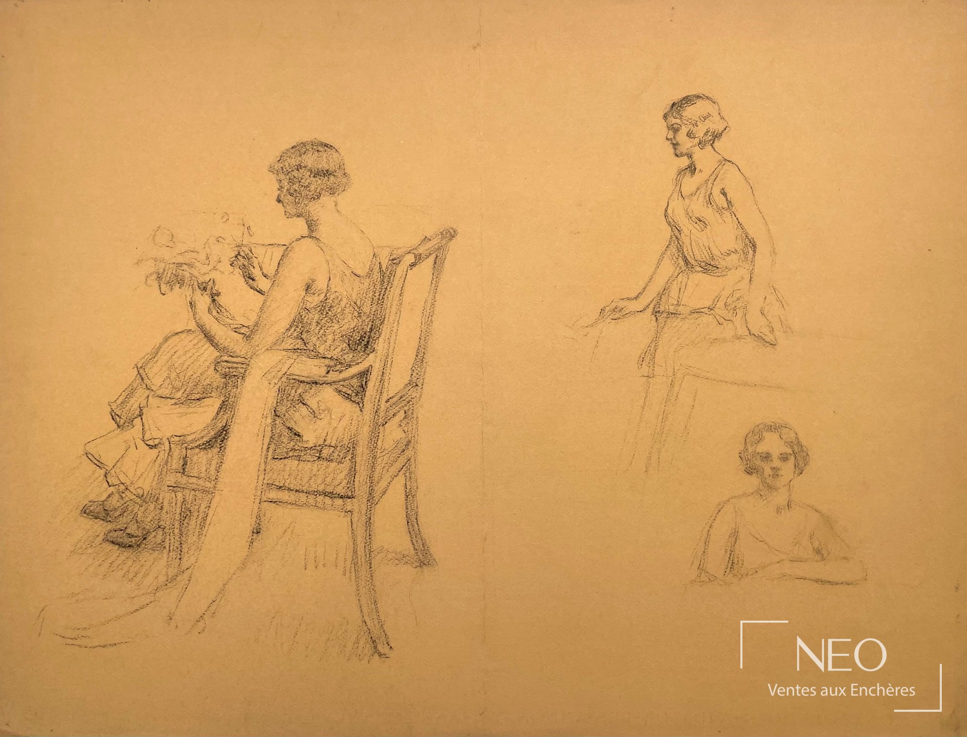 Attribué à Delphin Enjolras, Étude de femmes, pierre noire sur papier