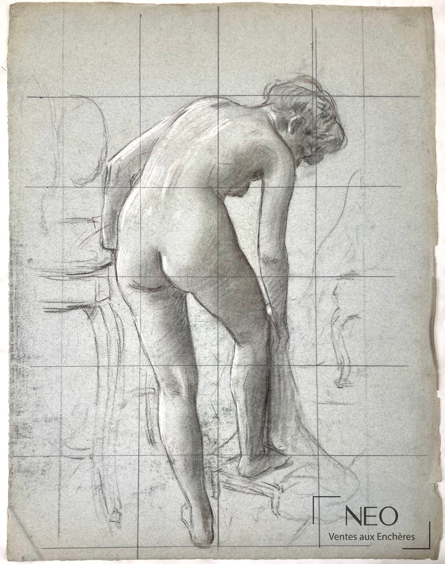 Delphin Enjolras, attribué à, étude de femme nue vue de dos, fusain sur papier