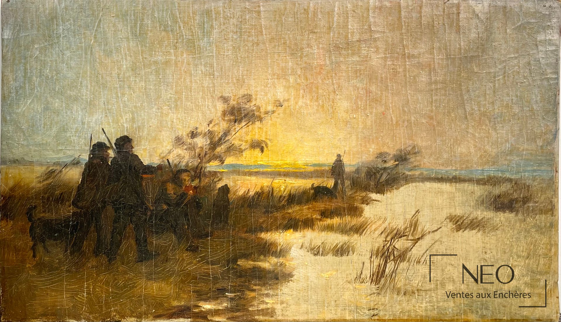 Delphin Enjolras attribué à Les chasseurs au petit matin, huile sur toile