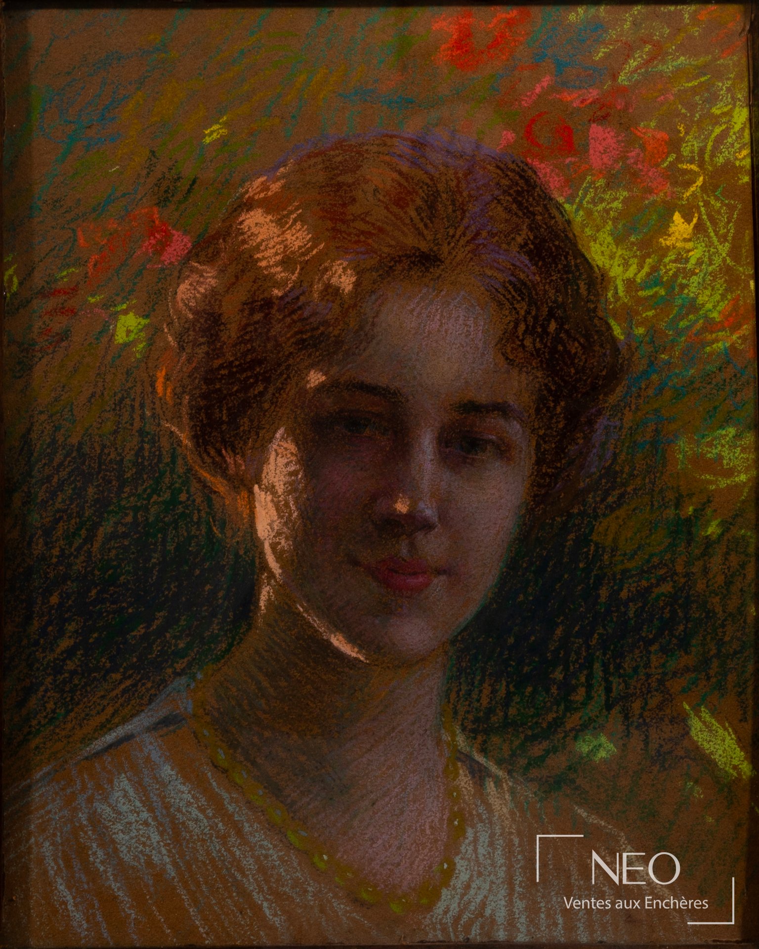 Attribué à Delphin Enjolras, portrait de jeune femme au chignon au jardin