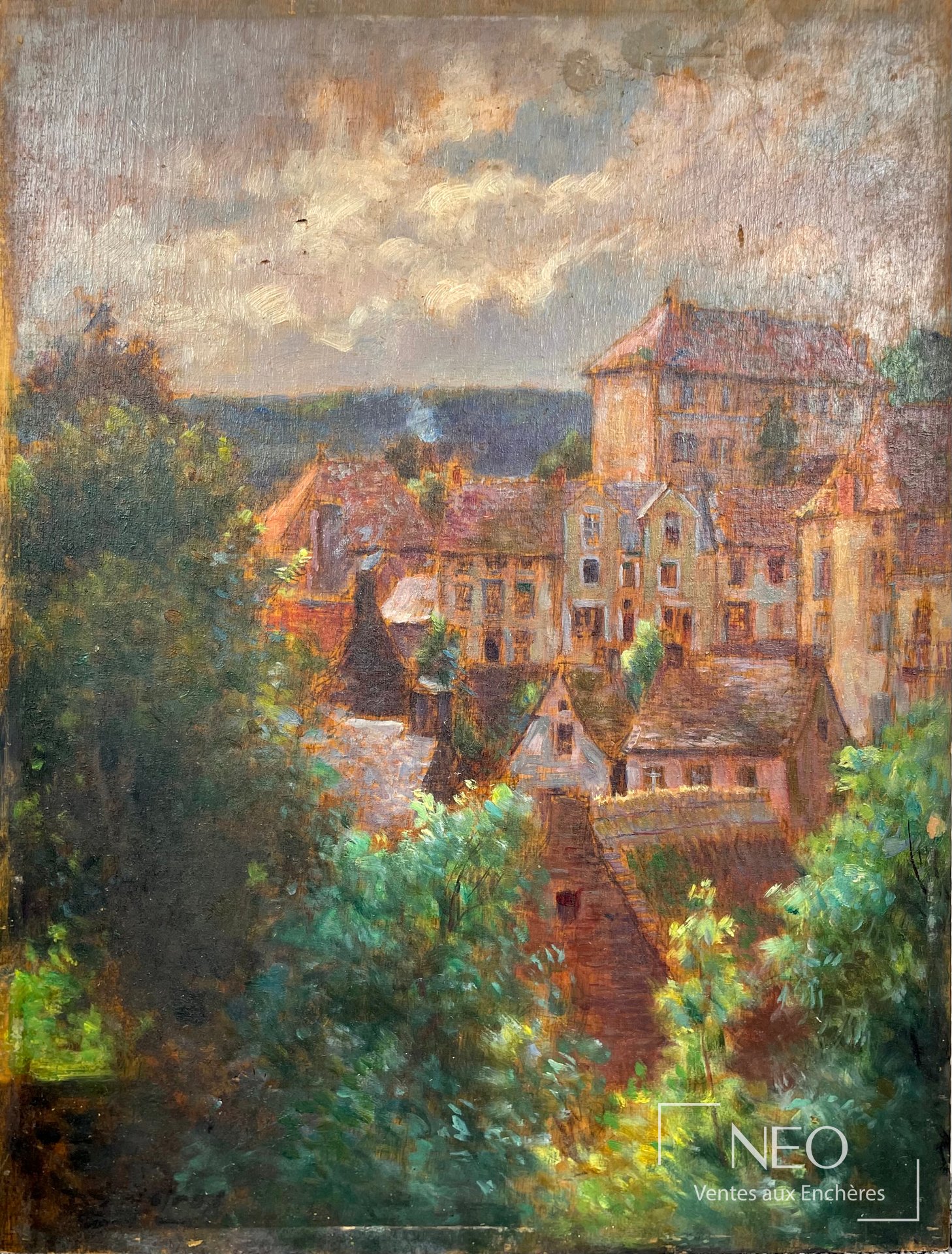 Delphin Enjolras Le village au milieu de la forêt, huile sur panneau de bois