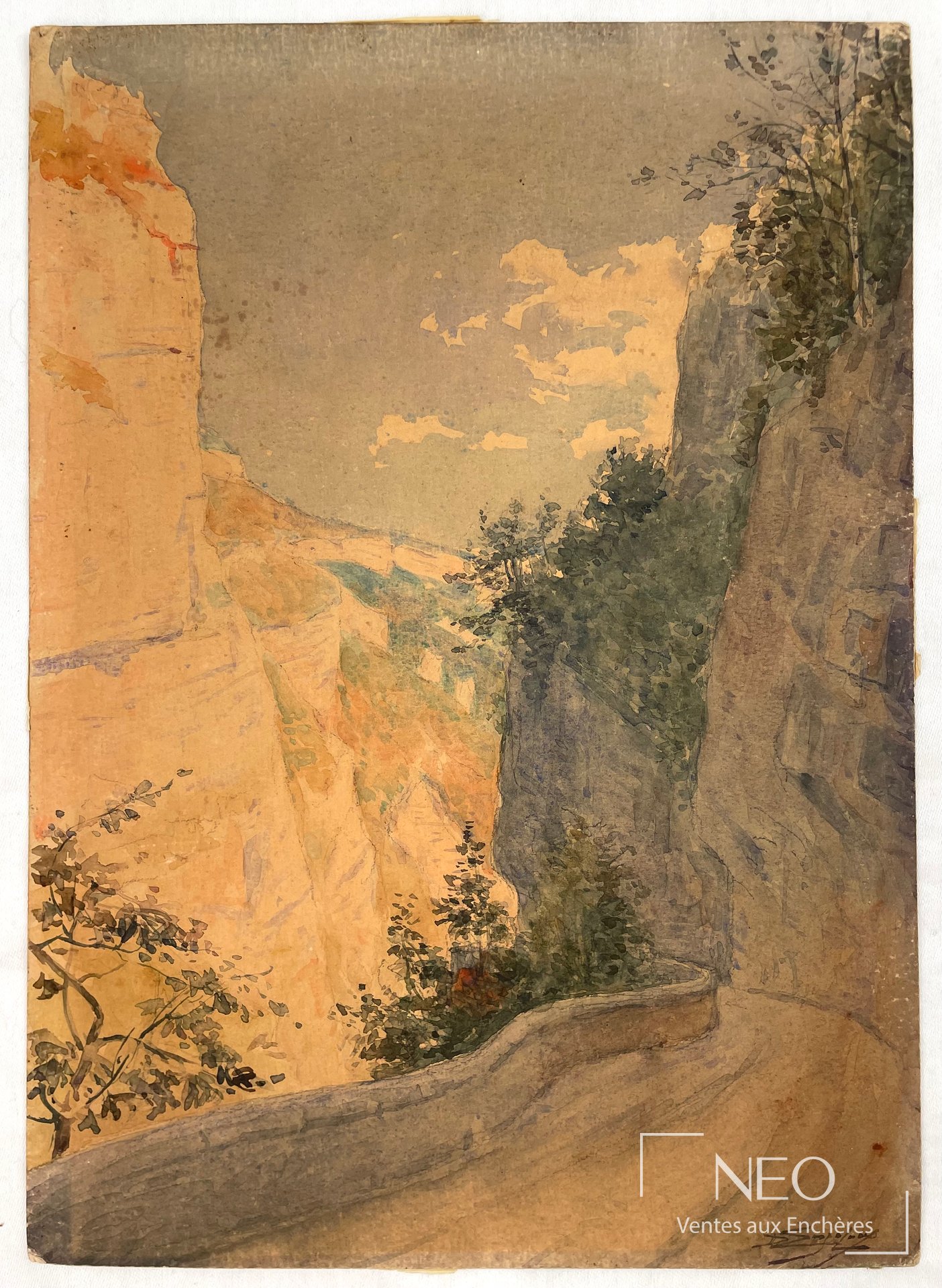 Delphin Enjolras, Route en bord de falaise, aquarelle sur papier cartonné