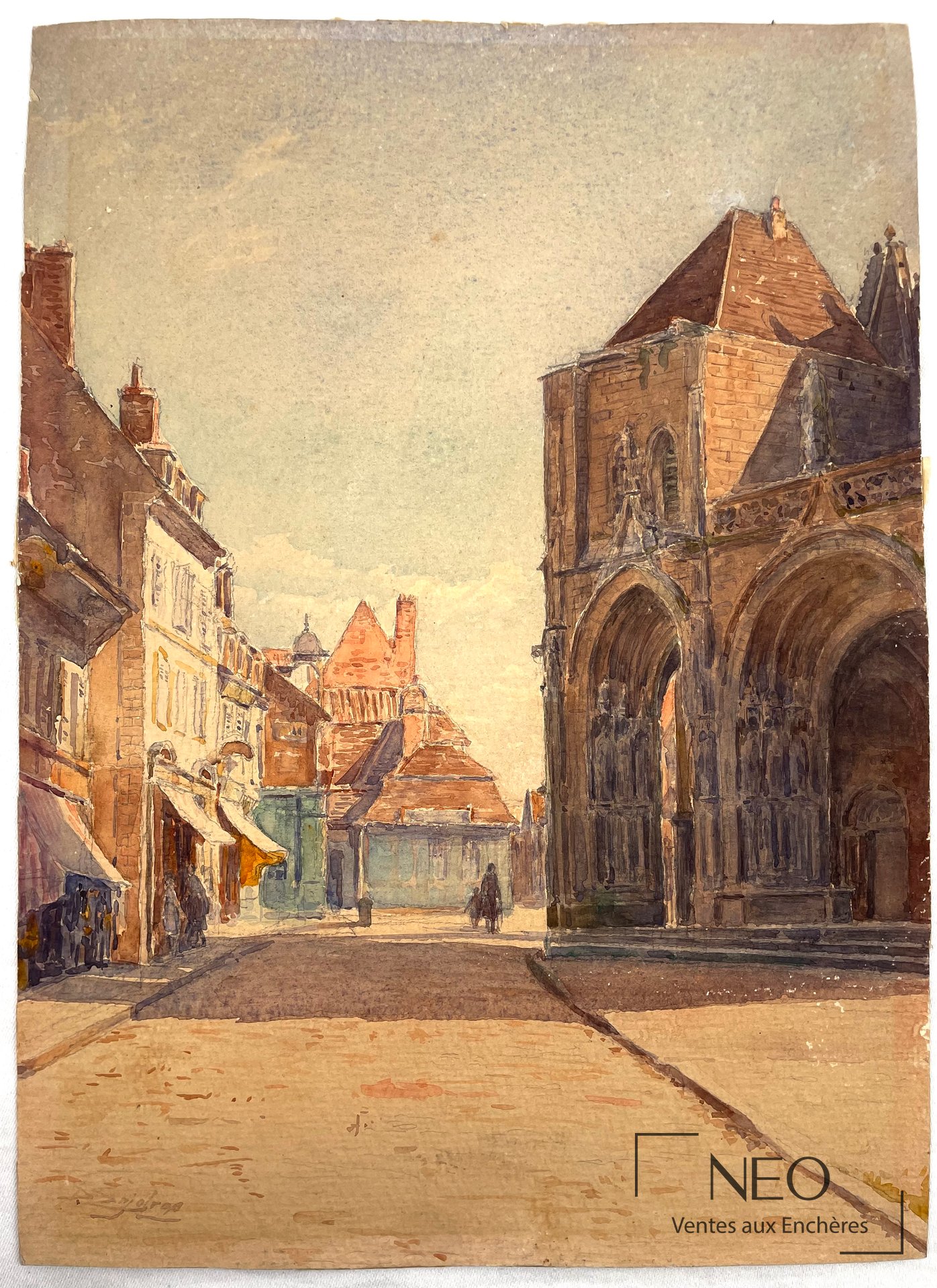 Delphin Enjolras Place de l’église, aquarelle sur papier cartonné