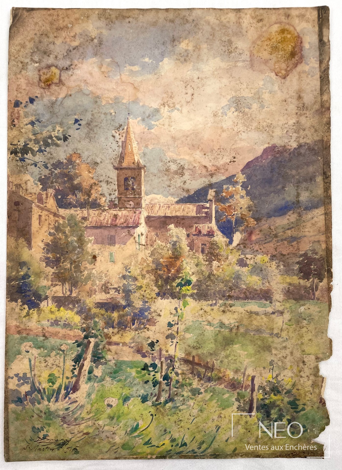 Delphin Enjolras, Vue d’église, village de Saint-Martin, aquarelle sur papier, 1915