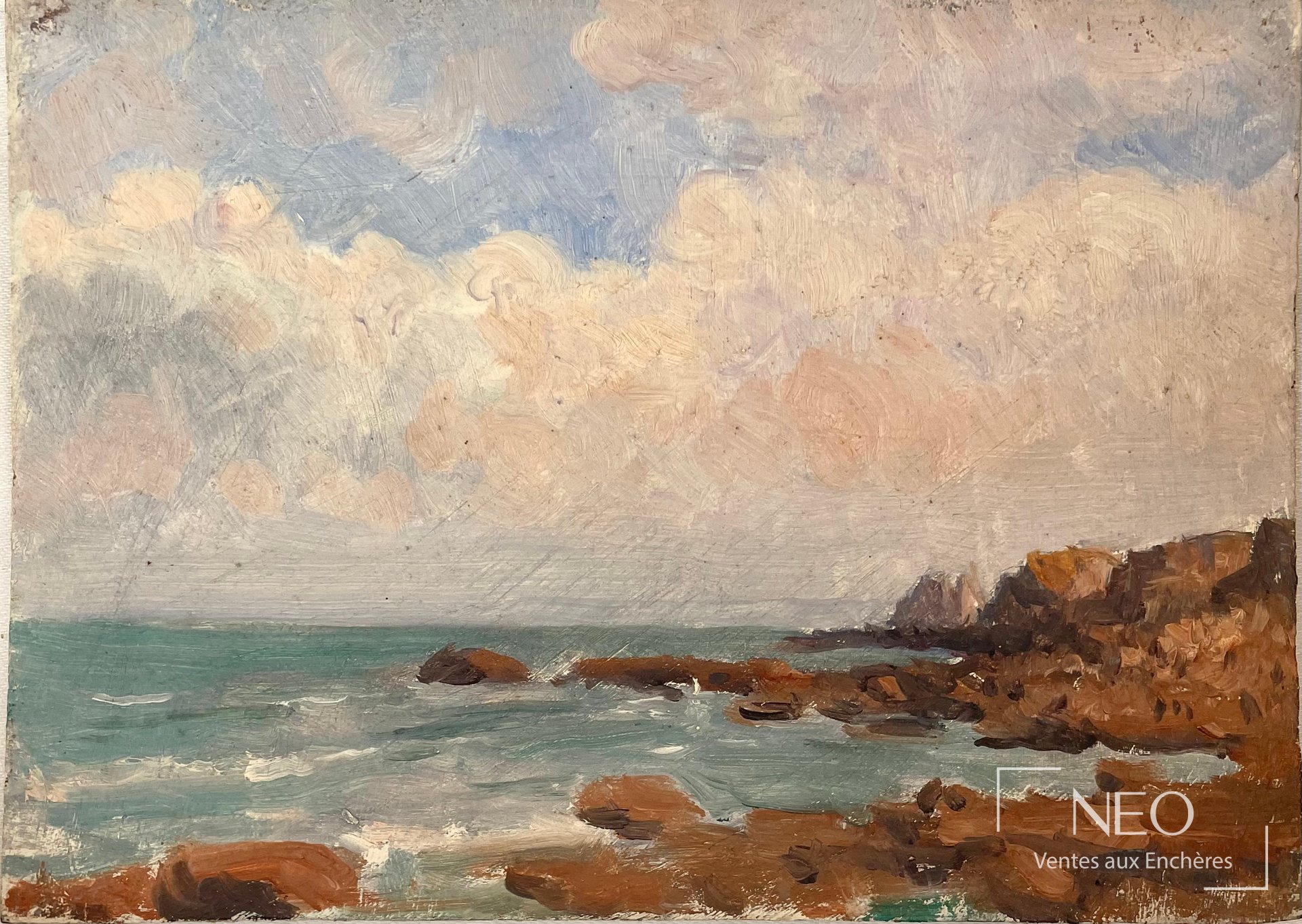 Delphin Enjolras attribué, Bord de mer rocheux, huile sur panneau de bois