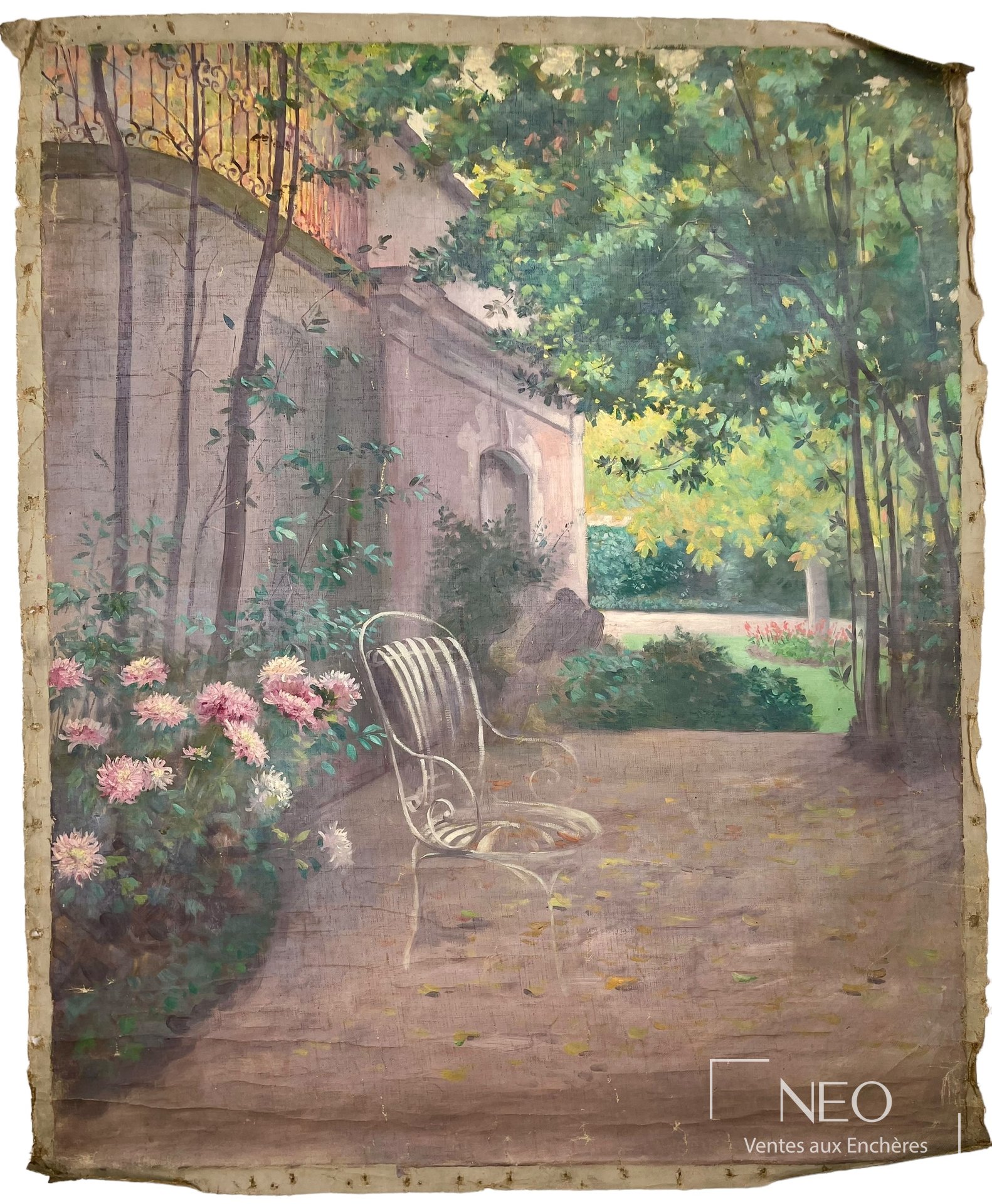 Delphin Enjolras attribué, scène de jardin à la chaise, huile sur toile