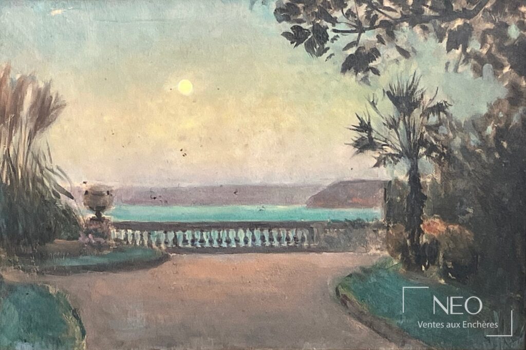Peinture d’un balcon au clair de lune avec jardin et mer au loin