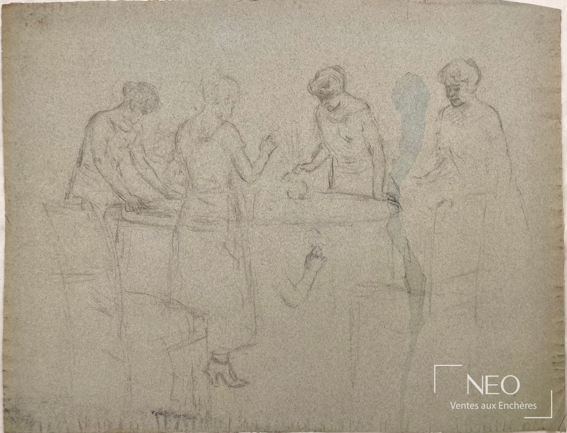 Dessin à la pierre noire représentant plusieurs femmes autour d'une table sur papier