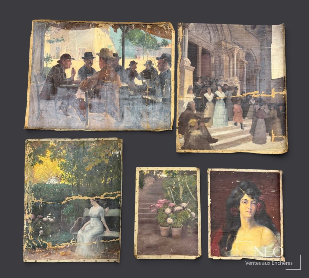 Ensemble de cinq huiles sur toile anciennes