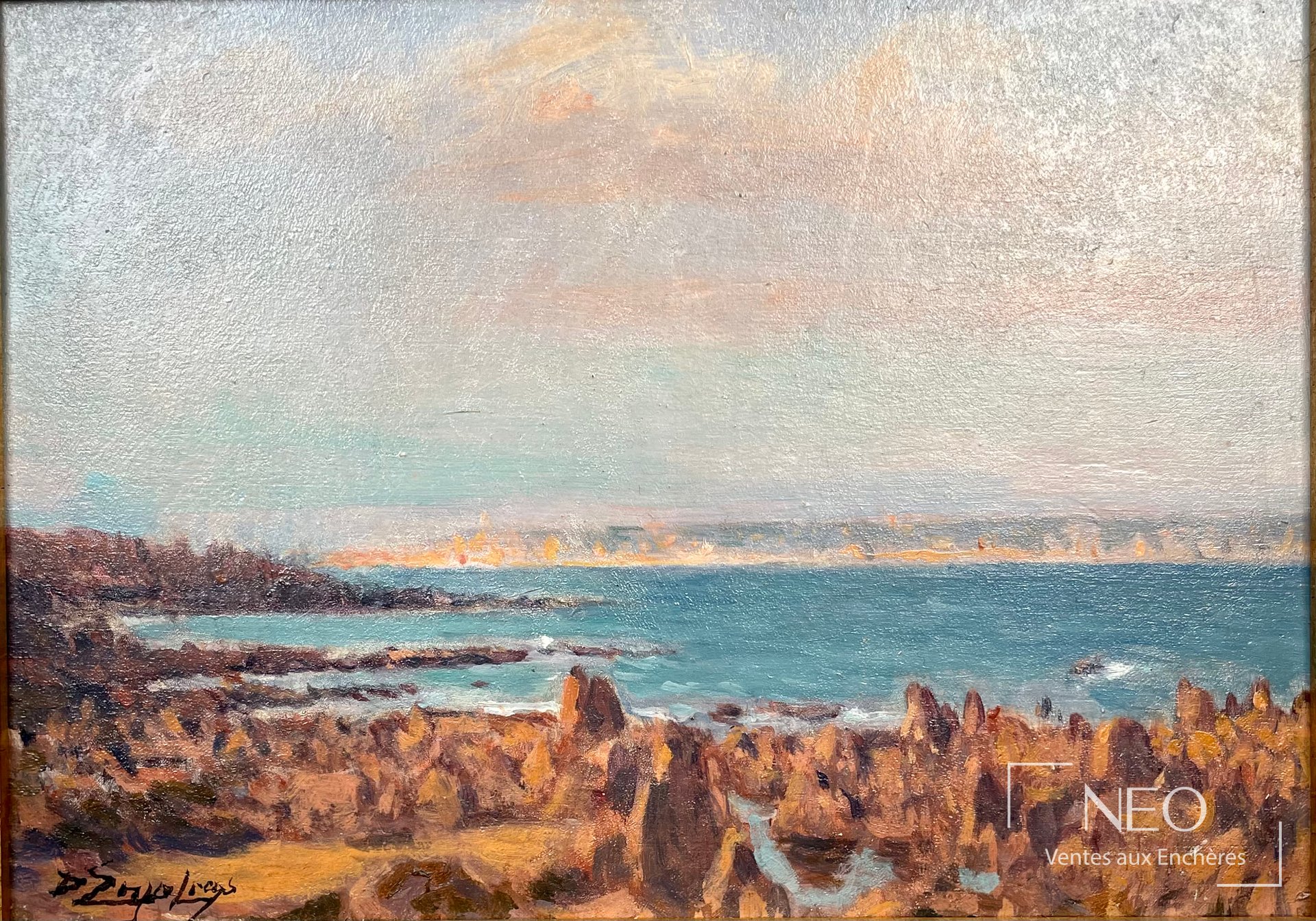Paysage maritime de Delphin Enjolras avec rochers au premier plan et mer calme sous un ciel clair
