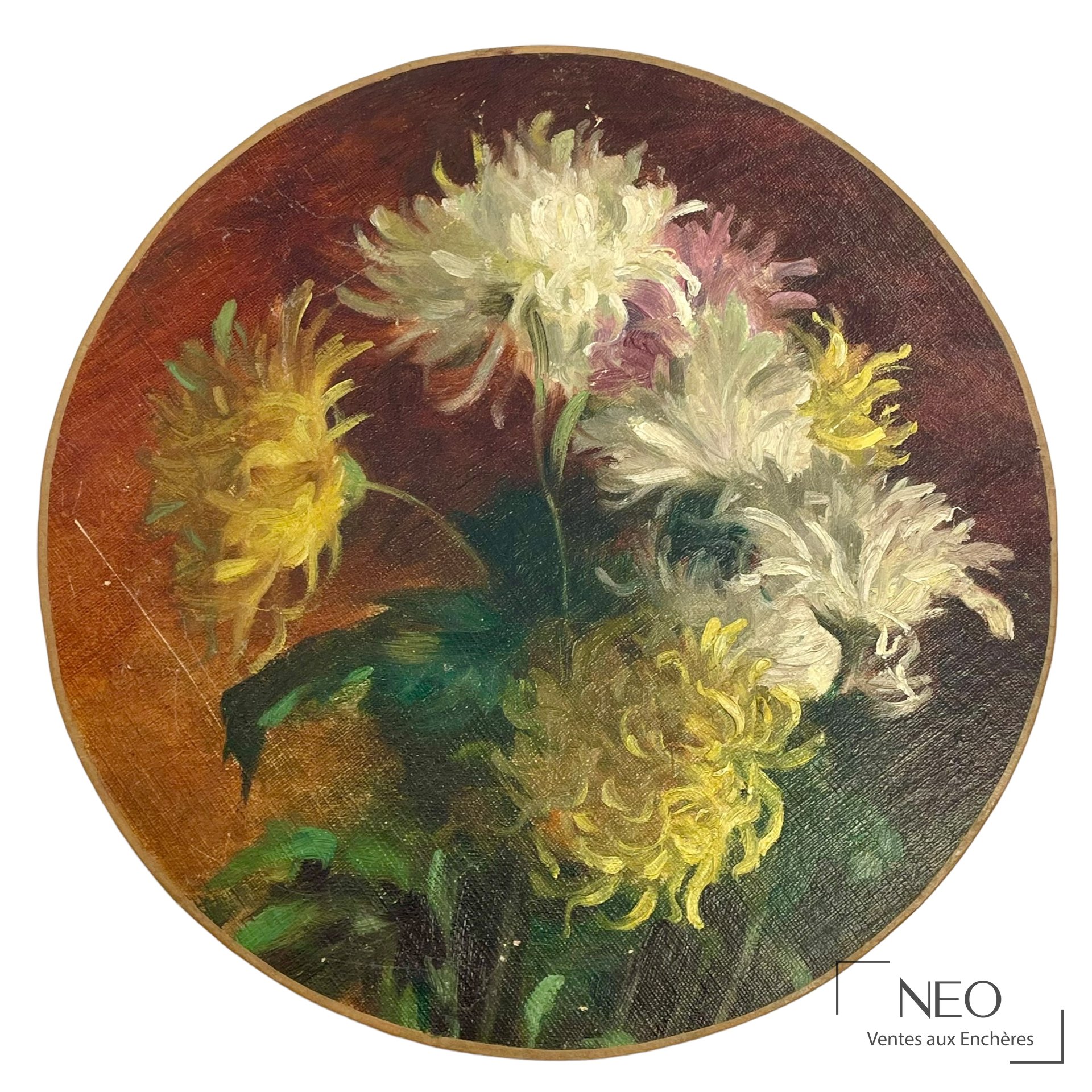 Delphin Enjolras, attribué à Chrysanthèmes, huile sur toile circulaire