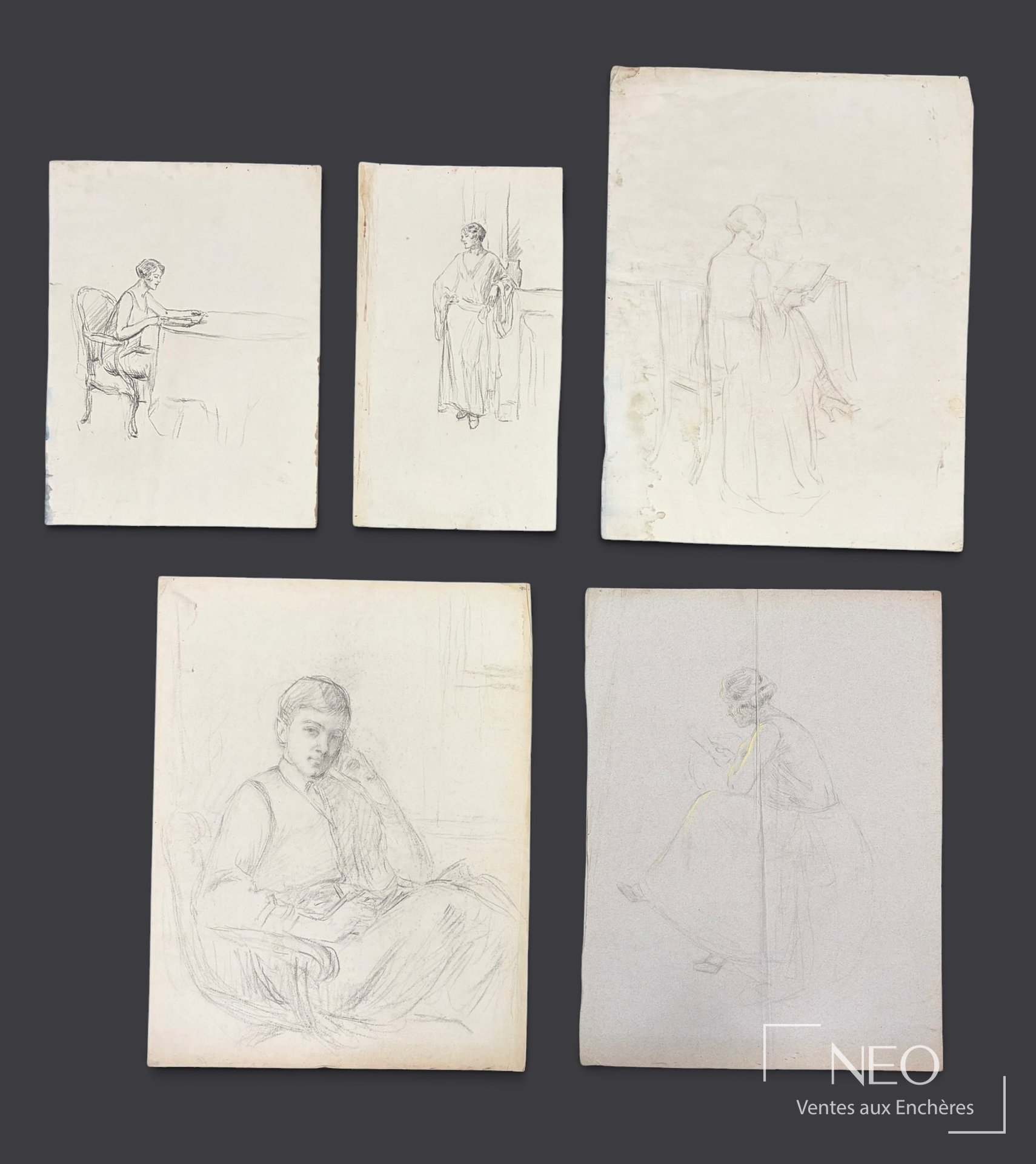 Attribués à Delphin Enjolras, ensemble de cinq dessins à la pierre noire