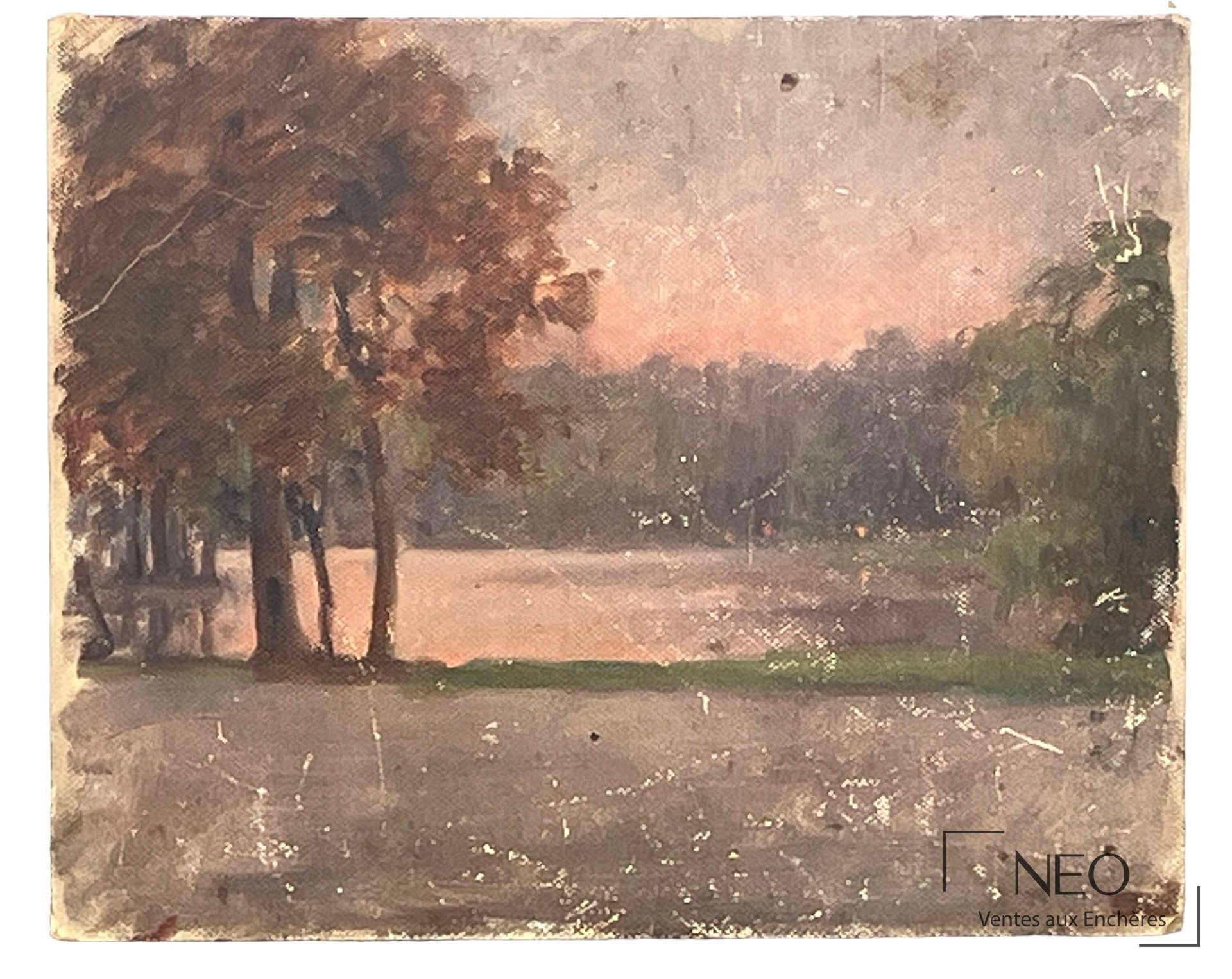 Attribué à Delphin Enjolras, Vue du lac au coucher du soleil, huile sur carton