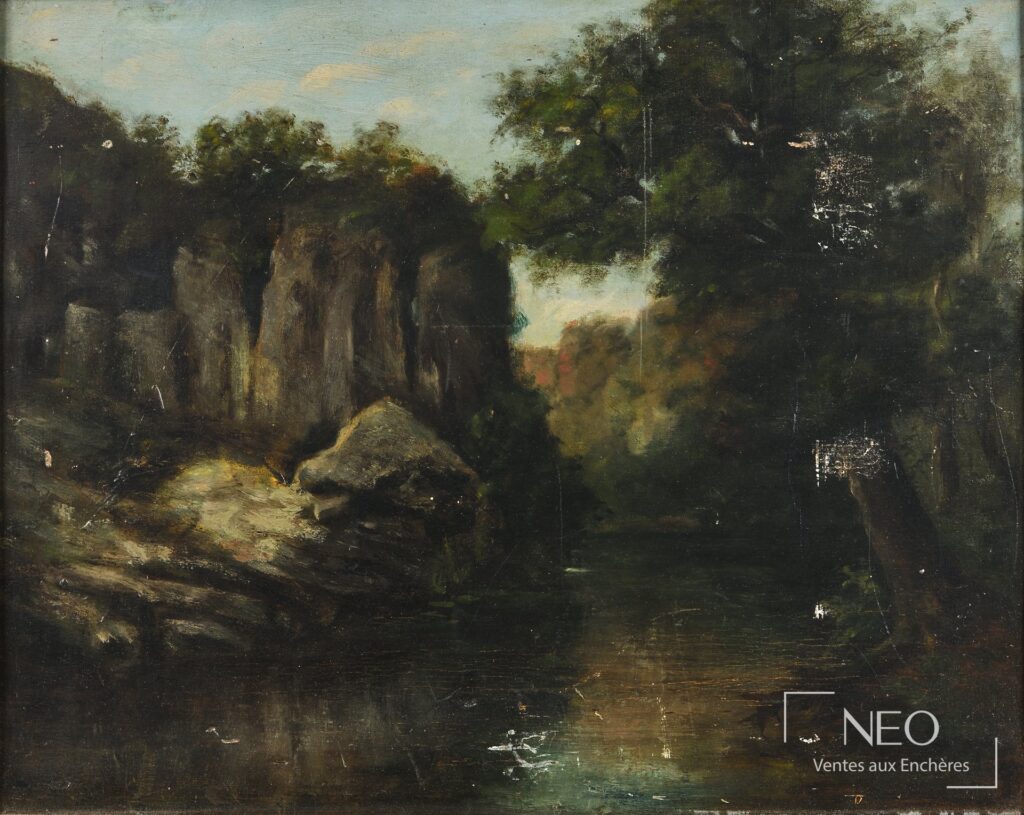 Peinture de paysage lacustre aux tons sombres et verts sur panneau