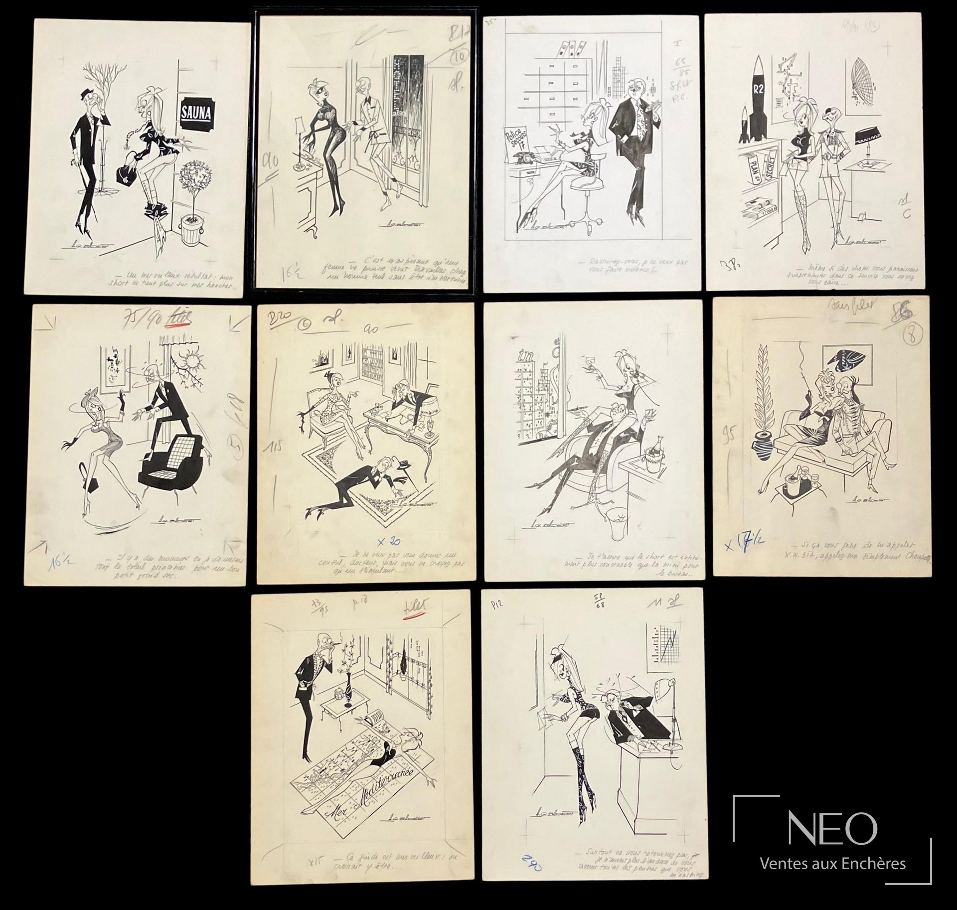 BADERT Albert Georges Ensemble de 10 dessins humoristiques sur les femmes au travail