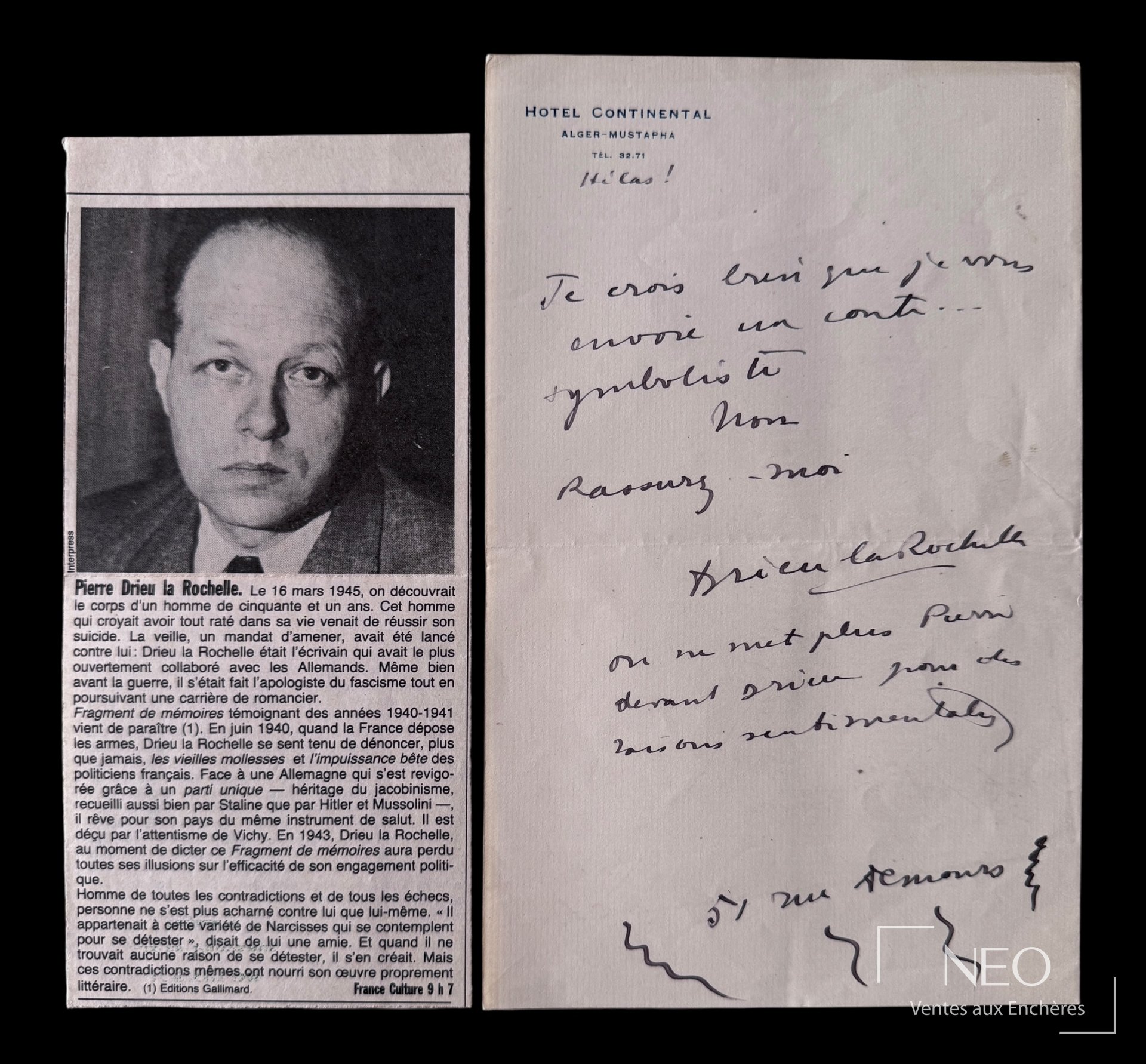 Drieu La Rochelle, lettre autographe signée, manuscrit
