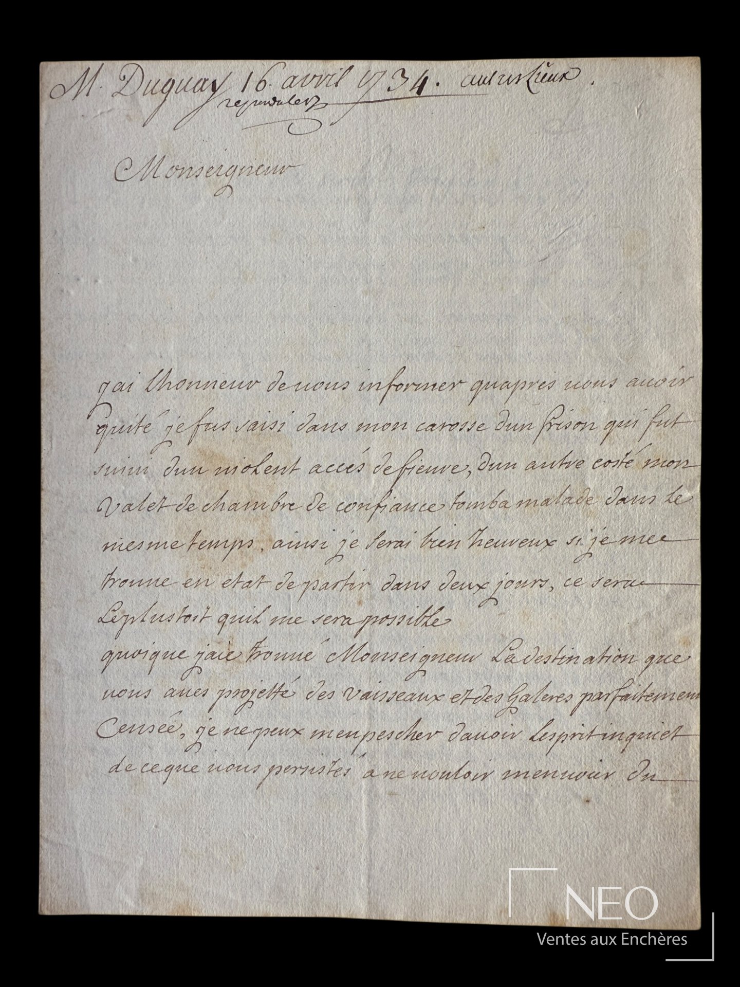 Duguay-Trouin, lettre autographe signée du 16 avril 1734 à Paris