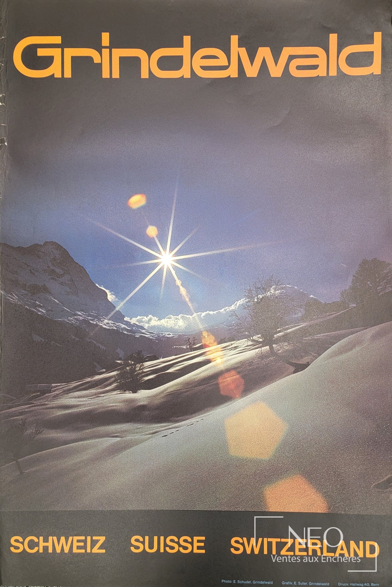 Affiche Grindelwald avec paysage de montagne enneigé et grand titre orange