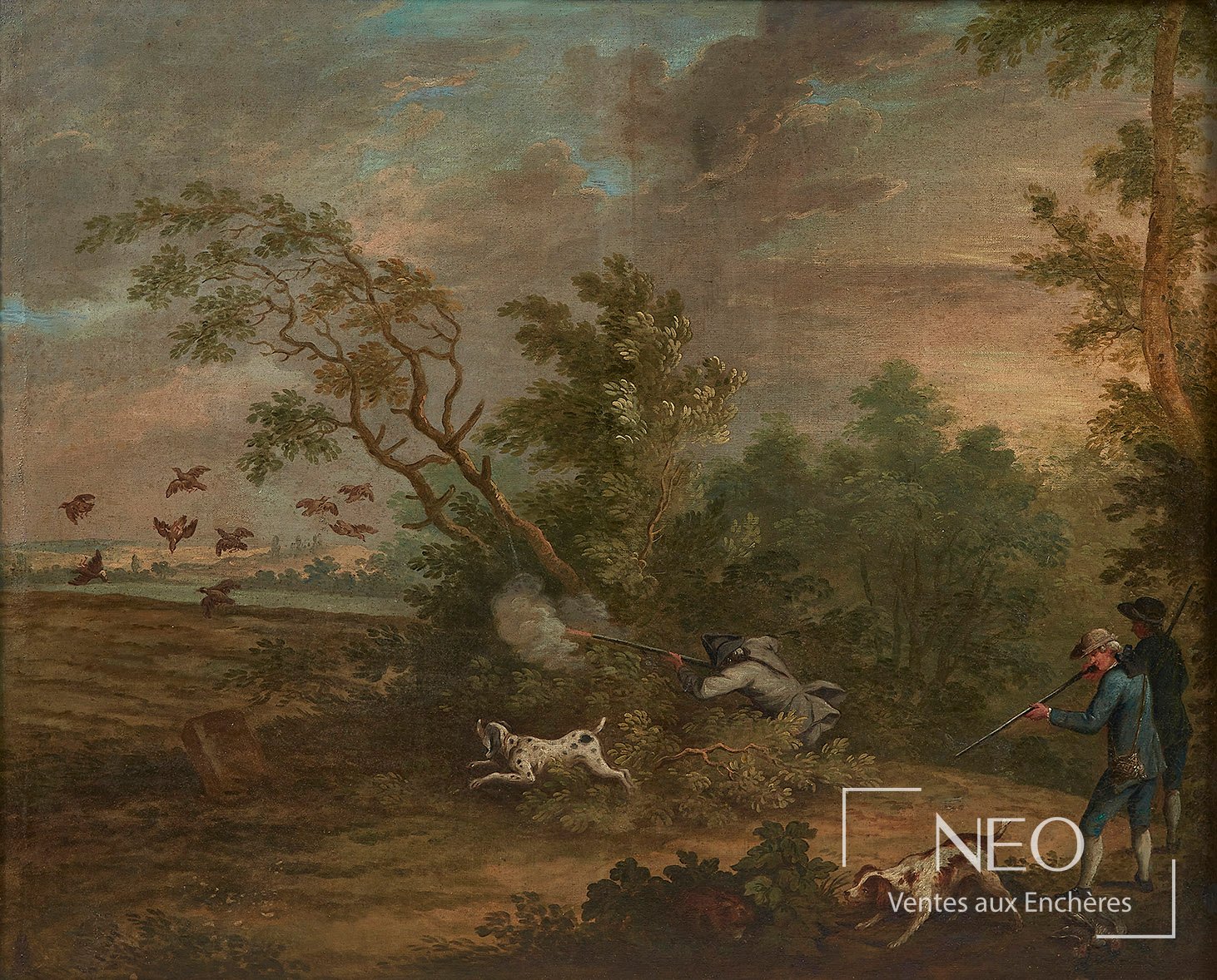 Scène cynégétique à l'huile sur toile avec chasseurs