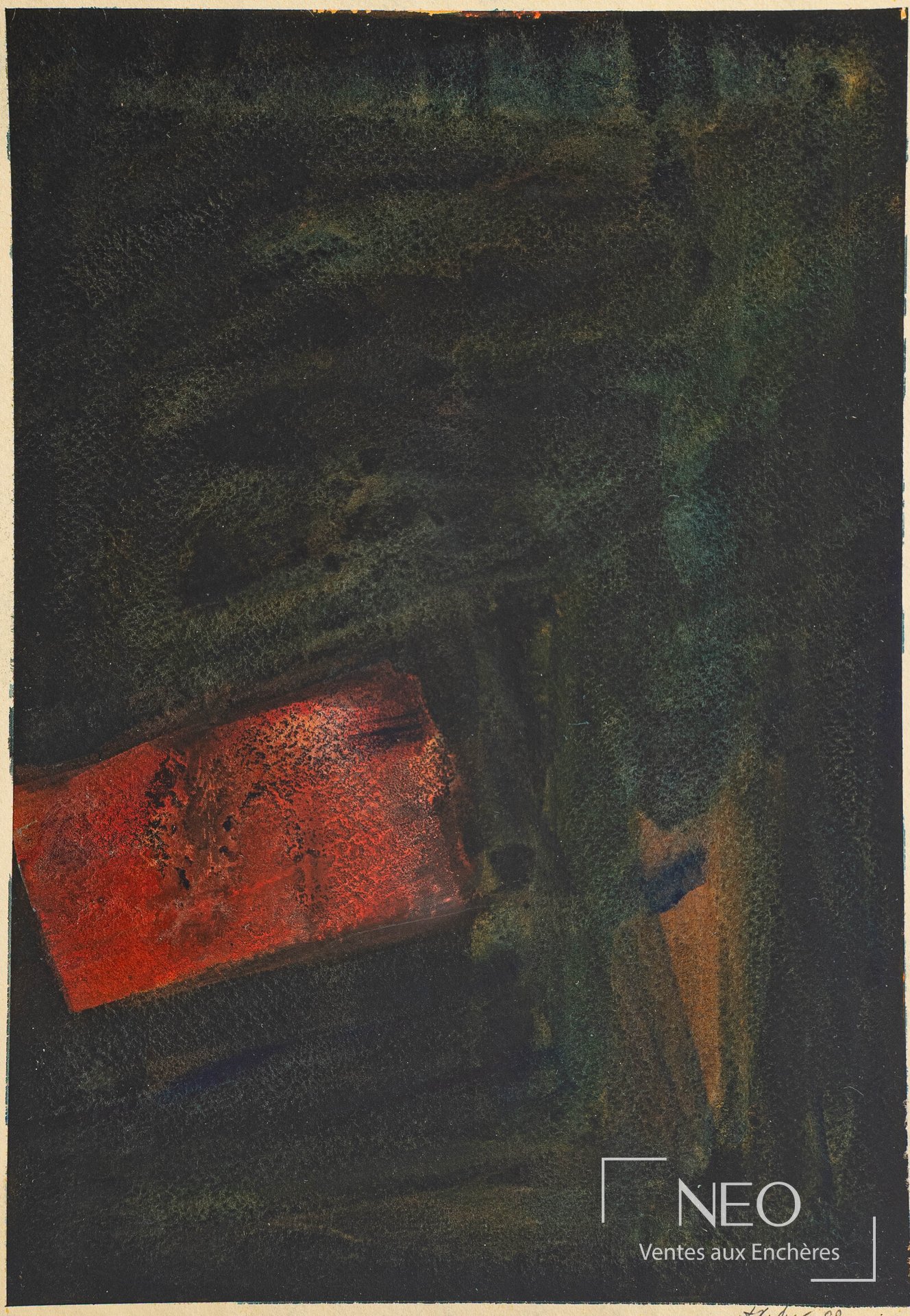 Composition abstraite au rectangle rouge, école contemporaine du XX-XXIe siècle