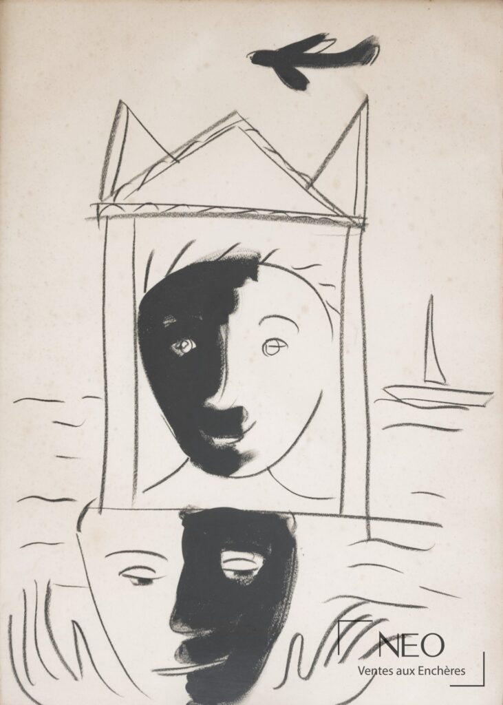 Deux visages noirs et blancs au pastel sur papier