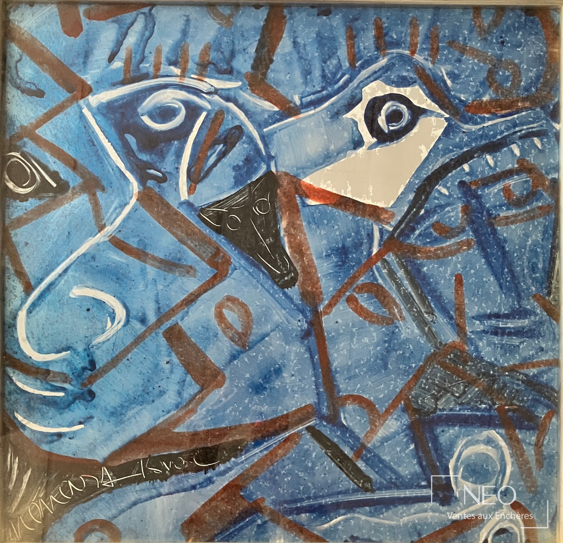 Composition abstraite bleue à têtes d’animaux et traits bruns
