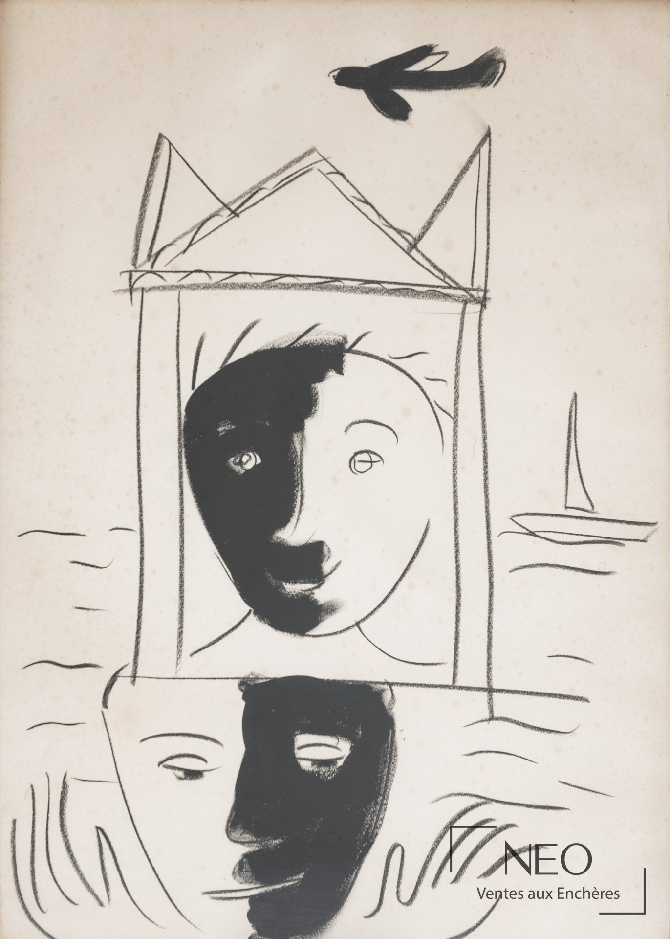Composition au pastel noir représentant deux visages noirs et blancs sur papier.