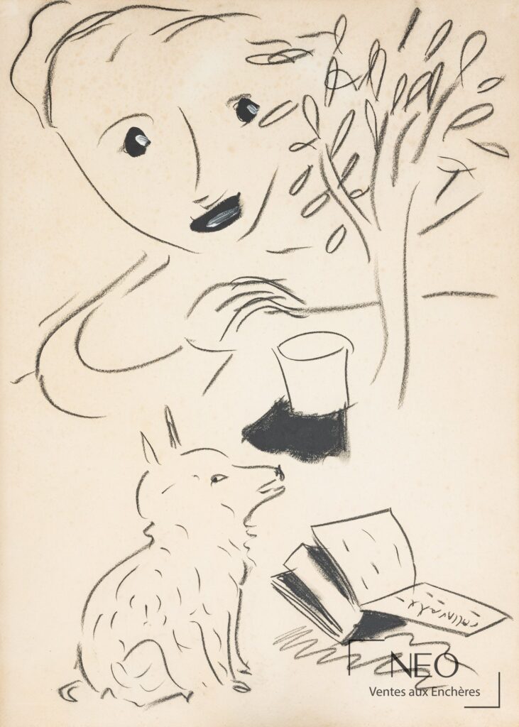 Dessin au pastel noir représentant un chien lisant