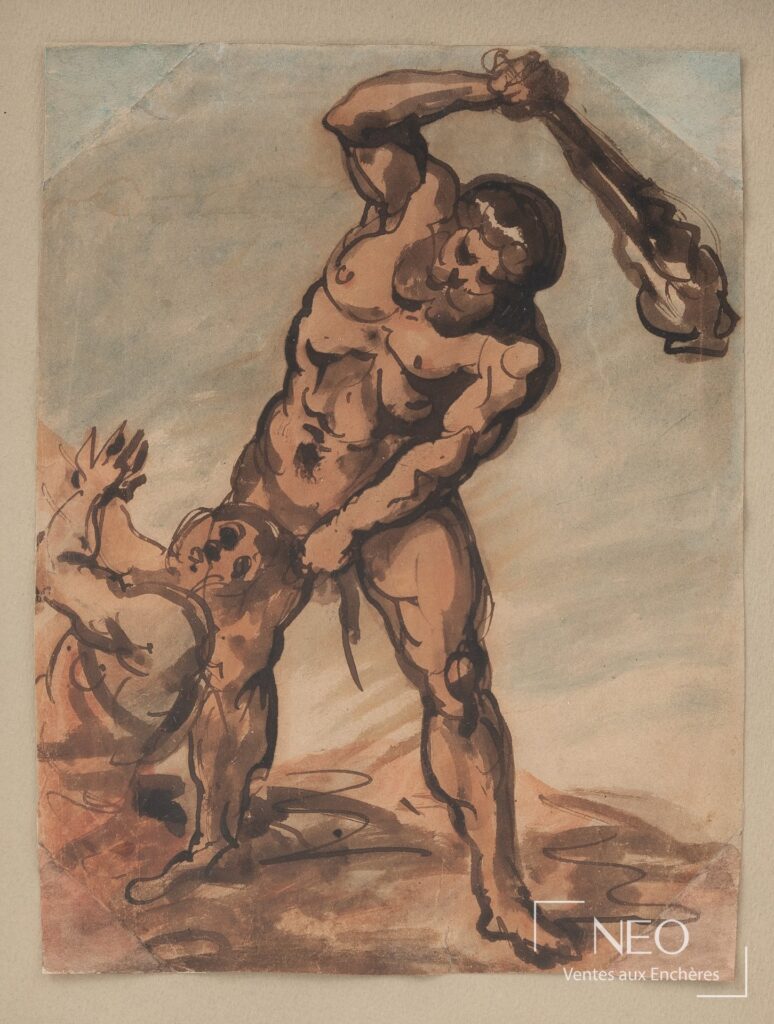 Aquarelle représentant une figure masculine avec un bras levé et une seconde figure au premier plan
