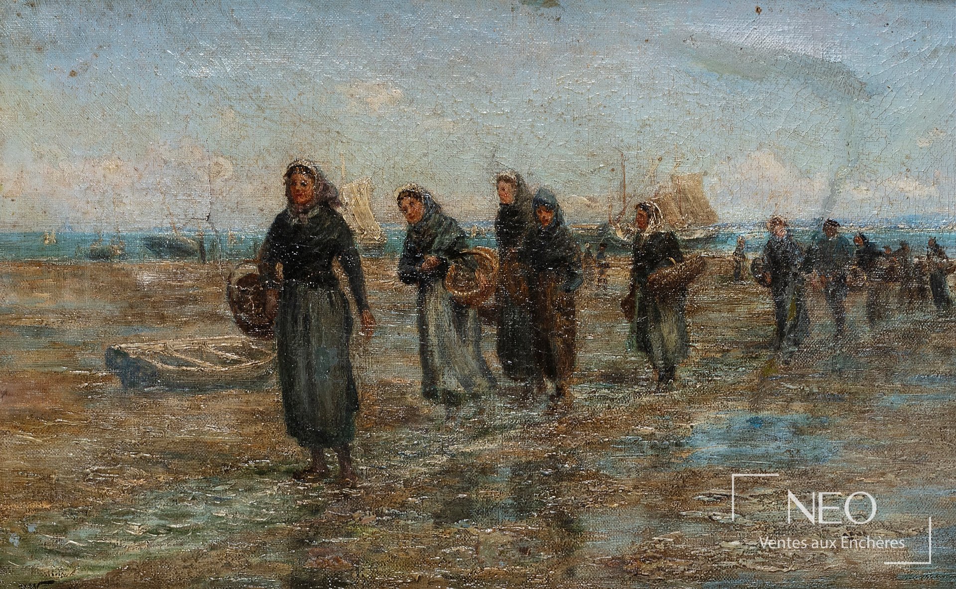 Scène de femmes revenant de la pêche peinte à l'huile sur toile